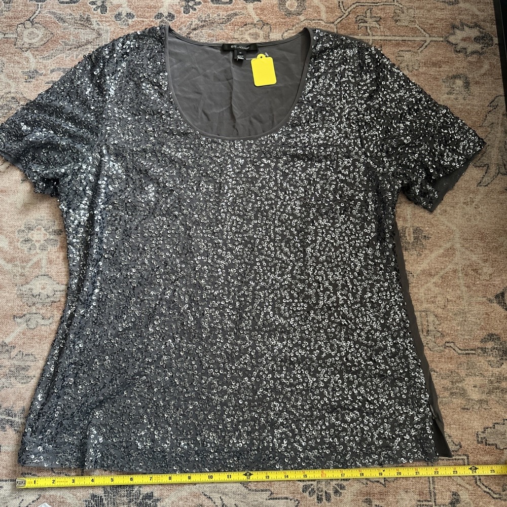 St. John Evening Embellished Sequin Top Size 14 Silver Gray Silk